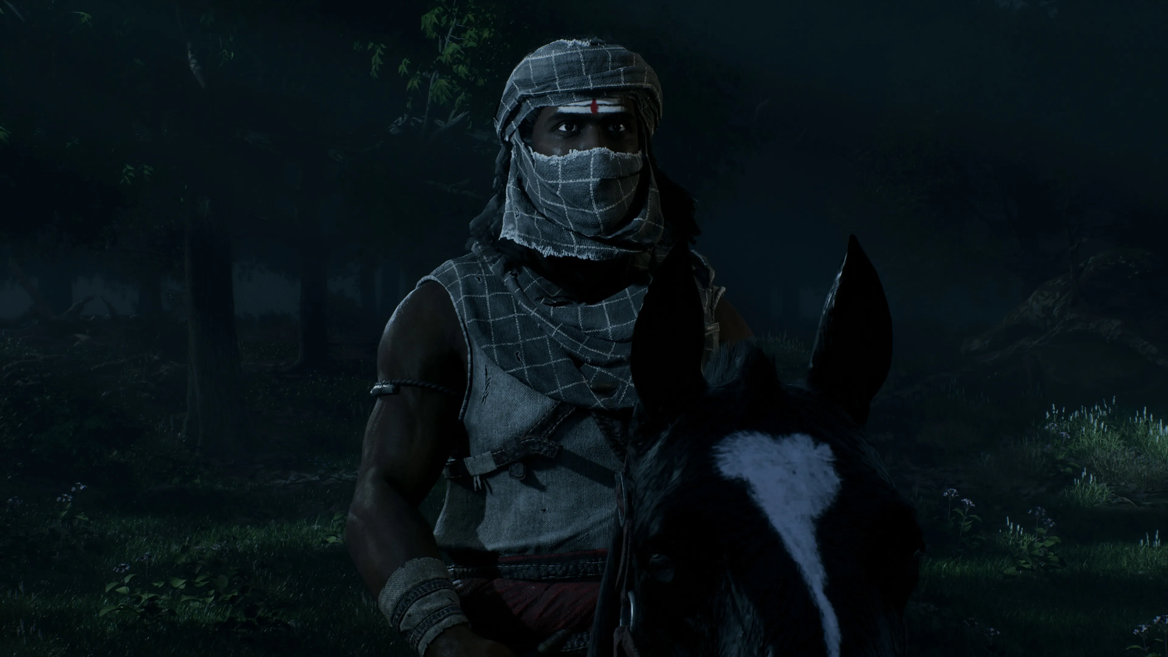 A masked lone rider on horseback at night in Son of Thanjai