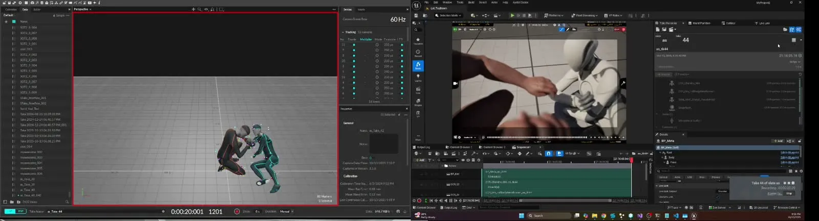 A live session: the Motive solve on the left and Unreal Engine Take Recorder on the right